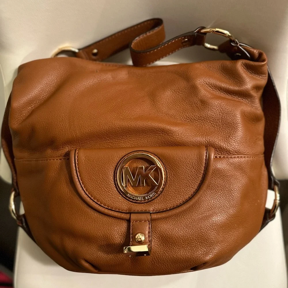 Michael Kors Brown Pebbled Leather Fulton Hobo Bag with Logo Flap Front Pocket